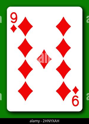 Une carte à jouer 9 Nine of Diamonds avec un chemin d'écrêtage pour supprimer l'arrière-plan et l'ombre Banque D'Images