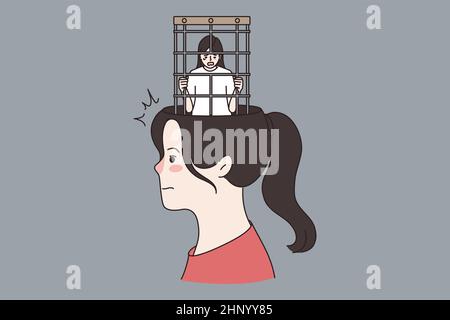 Concept de liberté et de santé mentale.Profil de la jeune femme avec prisonnier dans la cage au lieu de cerveau et de la tête illustration du vecteur Banque D'Images