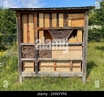 Les hôtels d'insectes servent d'abri et de terrain de reproduction aux insectes, en particulier aux abeilles sauvages. Banque D'Images