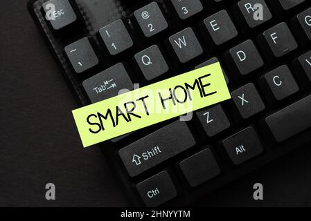 Panneau de texte montrant Smart Home, Business overview automatisation système de commande éclairage climatisation systèmes de divertissement en ligne navigation et exploration, Creati Banque D'Images