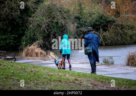 Northampton, Royaume-Uni. Météo. 18th février 2022. Vents forts dans le parc d'Abington avec des gens qui marchent tôt les chiens avant que la force complète de la tempête Eunice arrive plus tard dans la journée. Crédit : Keith J Smith./Alamy Live News. Banque D'Images