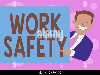 Affiche textuelle indiquant les politiques et procédures de sécurité au travail, de présentation de l'entreprise en place pour assurer la santé des employés Happy Man In suit Standing Holding POI Banque D'Images