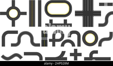 Vue de dessus de la route et de l'autoroute, éléments pour la carte. Carrefour, virage d'autoroute, virages et cercles de circulation. Kit de plan de route Vector Set. Pièces de route Illustration de Vecteur