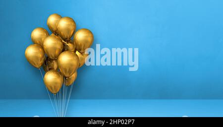 Ballons dorés sur fond de mur bleu.Bannière horizontale.Rendu de l'illustration 3D Banque D'Images