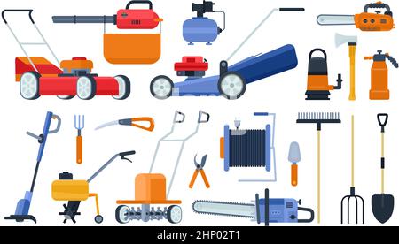 Instruments, équipements, tondeuses à gazon et coupe-herbe pour jardins plats. Ensemble vectoriel de jardiniers, de scies électriques, de tronçonneuses, de cultivateurs, de pulvérisateurs et de débroussailleuses Illustration de Vecteur