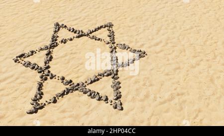 Concept pierres conceptuelles sur plage sable forme de symbole fait à la main, fond de sable doré, religieux hébraïque David star. 3D métaphore de l'illustration pour Jude Banque D'Images