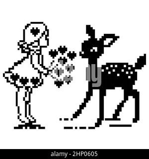 Elf fille avec un cerf. Illustration isolée sur fond blanc.style zen-enchevêtrement. Dessin noir et blanc. Pixel 8 bits Illustration de Vecteur