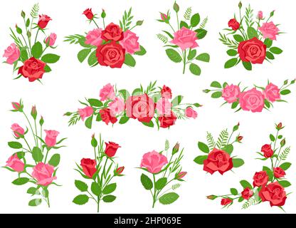 Bouquets fleuris roses et rouges avec feuilles et herbe. Bouquet romantique vintage avec fleurs et bourgeons. Roses décoration vecteur ensemble de l'été Illustration de Vecteur