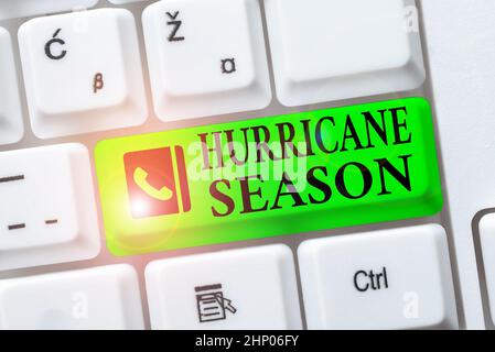 Affiche affichant Hurricane Season, Internet concept temps où la plupart des cyclones tropicaux sont attendus à développer Créer un nouveau programme de traitement de texte, Fixi Banque D'Images