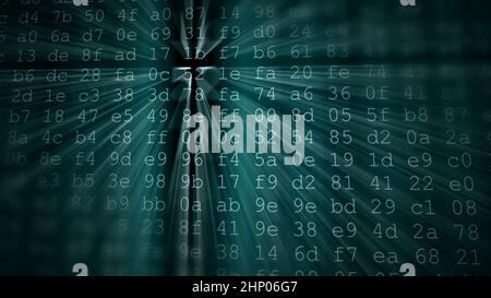 Chiffres de données numériques colorés et arrière-plan de code source de diffusion avec faisceaux lumineux. Banque D'Images