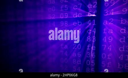 Chiffres de données numériques colorés et arrière-plan de code source de diffusion avec faisceaux lumineux. Banque D'Images