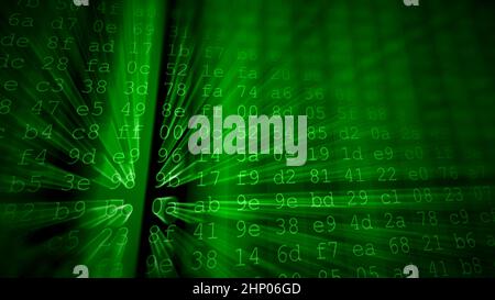 Chiffres de données numériques colorés et arrière-plan de code source de diffusion avec faisceaux lumineux. Banque D'Images