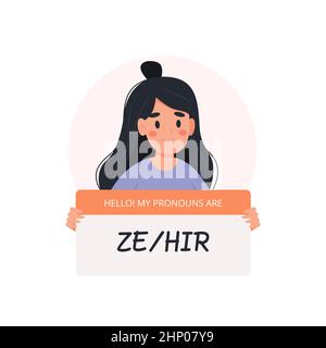 Pronoms de genre - personne non binaire tenant signe avec pronom, caractère. Illustration vectorielle de style plat Illustration de Vecteur