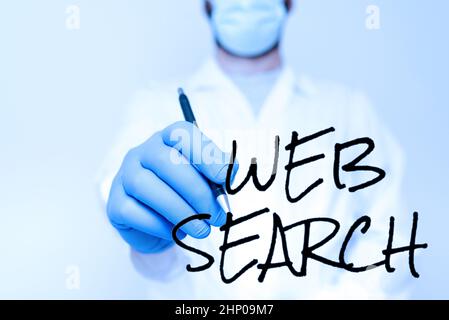 Écriture affichage de texte recherche Web, Word écrit sur un système logiciel conçu pour rechercher des informations sur le web Biologiste démontrant New Technolo Banque D'Images