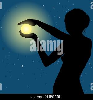 Silhouette d'une belle femme tenant la lune entre ses mains Banque D'Images