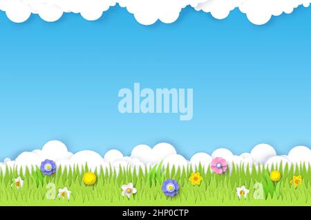Champ ressort, illustration de la coupe de papier vectorielle. Herbe verte, fleurs de printemps, ciel bleu avec nuages blancs. Paysage de la nature. Illustration de Vecteur