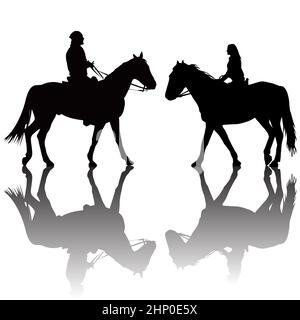 Homme et femme à cheval silhouettes avec ombres Banque D'Images