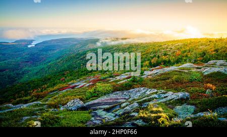 Brouillard en s'élevant de la mer et des vallées comme vu du sommet de Cadillac Mountain dans le parc national Acadia Banque D'Images