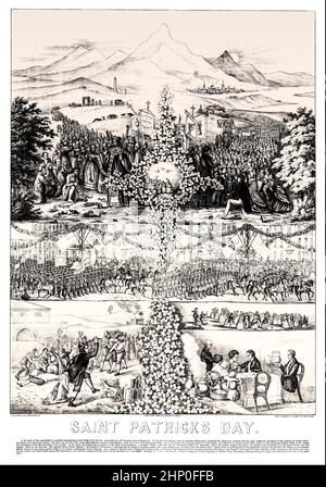 Une illustration de 19th siècles des aspects de la Saint Patrick, et de la vie, une célébration culturelle et religieuse qui a eu lieu le 17 mars, la date traditionnelle de la mort de Saint Patrick (385-461), le premier patron de l'Irlande. La Saint Patrick a été faite jour officiel de fête chrétienne au début du 17th siècle et commémore Saint Patrick et l'arrivée du christianisme en Irlande, ainsi que le patrimoine et la culture des Irlandais en général. Banque D'Images