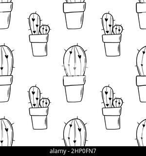 Motif sans couture cactus à contour noir Doodle. Usine. Esquisse à l'encre. Illustration de Vecteur