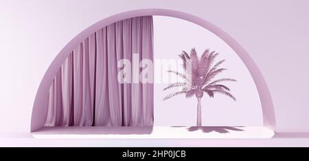 scène minimaliste avec palmier et rideau en lilas. 3d rendu Banque D'Images