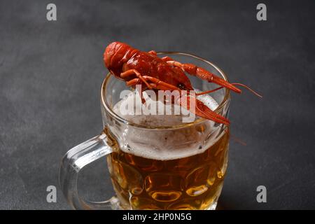 Cuisine chinoise asiatique l'écrevisse piquant sur une tasse de bière. Banque D'Images