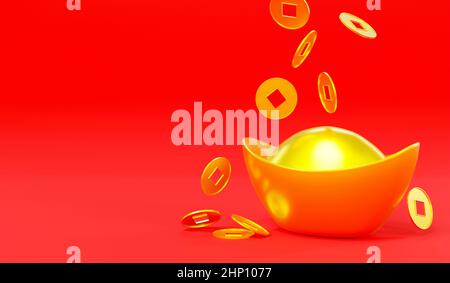 Bonne année chinoise.Realistic Yuan Bao Chinese or sycee lingots et pièces sur fond rouge icône pour le web design, Feng Shui symbole nouvel an chanceux Banque D'Images