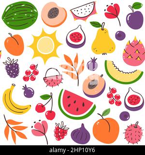 Motif coloré de fruits de saison d'été sans couture. Fruits isolés sur fond blanc. Illustration vectorielle. Illustration de Vecteur