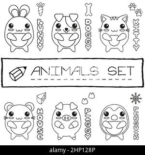 Ensemble dessiné à la main de bébés animaux de style japonais. Illustration vectorielle. Banque D'Images