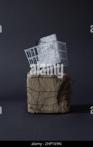 sculpture contemporaine d'art encore vivant avec un panier en plastique avec une éponge abrasive, pierre avec fil métallique Banque D'Images