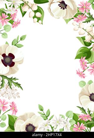 Carte de voeux ou d'invitation avec coquelicot blanc et lys de la vallée, petites fleurs roses et feuilles vertes. Carte vectorielle Illustration de Vecteur