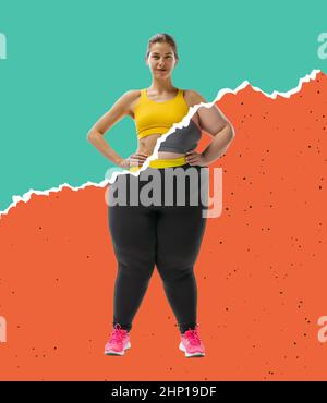 Création d'un collage artistique avec une jeune fille mince et une femme de taille plus portant un uniforme de sport isolé sur fond vert orange. Concept de perte de poids. Banque D'Images