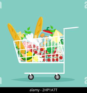 Chariot de supermarché plein de produits alimentaires d'épicerie. Illustration vectorielle. Illustration de Vecteur