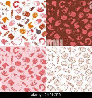 Collection de motifs sans couture pour la viande. Morceaux de viande et produits à base de viande. Illustration des ingrédients alimentaires pour la cuisson. Silhouettes et activités colorées et monochromes Illustration de Vecteur