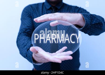 Texte montrant inspiration pharmacie, magasin de vitrine d'affaires ou dispensaire d'hôpital où les médicaments sont vendus présenter de nouveaux plans et idées Demonst Banque D'Images