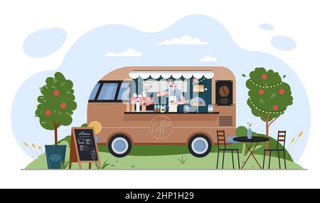 Illustration du vecteur café et chariot alimentaire. Voiture de dessin animé avec café de rue dans le parc de la ville ou la route d'été, le barista verse le café chaud à emporter ou le latte Illustration de Vecteur
