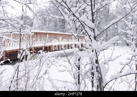 Scène d'hiver avec un pont en bois traversant une rivière gelée en Europe du Nord. Il a juste neigé et tout est couvert de neige fraîche. Au premier plan se trouvent les branches sans feuilles. Photo de haute qualité Banque D'Images