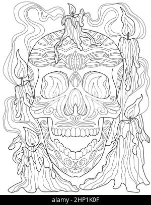 Tête de crâne Tattoo Line dessin entouré de bougies allumées et de fumée. Banque D'Images