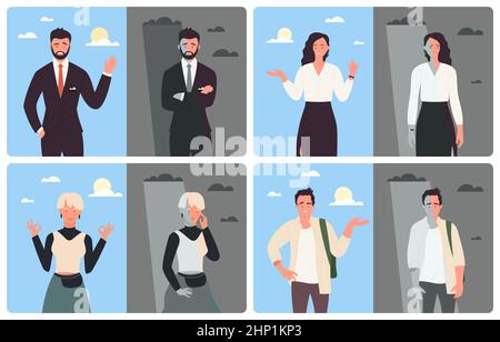 Illustration vectorielle bonne ou mauvaise ambiance. Caricature triste malheureux gens d'affaires, étudiant debout sous les nuages de pluie, heureux personnages sous le soleil, négatif Illustration de Vecteur