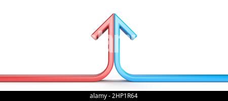 Flèche formée de deux lignes rouges et bleues fusionnées illustration du rendu 3D isolée sur fond blanc Banque D'Images