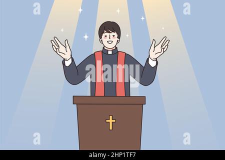Concept de religion, de christianisme et de spiritualité. Jeune homme prêtre debout et bénédiction des gens dans le geste religieux priant à dieu pour une meilleure spiritua Banque D'Images