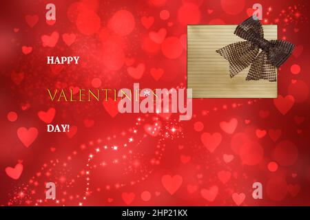 Carte de bonne Saint Valentin.Abstrait festif amour bokeh coeur rouge texture fond avec ruban pailleté noeud sur fond or, étoiles blanches et valent Banque D'Images