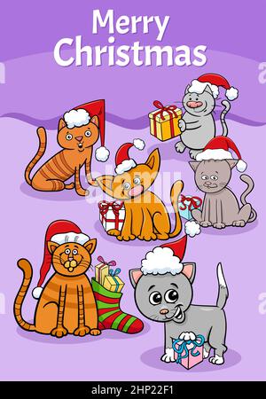 Motif ou carte avec des chats de dessin animé à l'heure de Noël Illustration de Vecteur