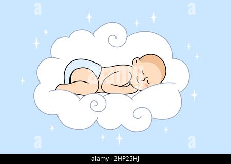 Concept d'enfance heureuse et de doux rêves.Bébé de petite taille dormant comme un ange dans un nuage doux blanc moelleux ayant des rêves doux illustration vectorielle Banque D'Images