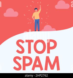 Panneau de texte montrant Stop Spam, Business overview end les messages intrusifs ou inappropriés envoyés sur l'Internet Man Drawing Raising Hand Sky Standing Banque D'Images