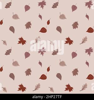 Joli motif feuilles d'automne aux couleurs chaudes, répétition sans couture. Style plat tendance. Idéal pour les arrière-plans, le design éditorial des vêtements, les cartes, le papier cadeau, la décoration, etc Illustration de Vecteur