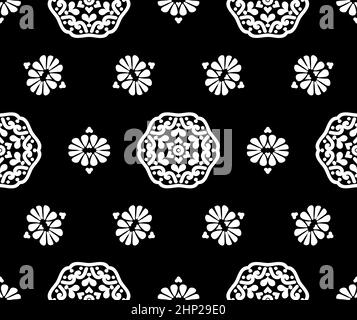 Motif vectoriel sans coutures à fleurs. Motifs ronds en noir et blanc sur fond noir. Texture vintage pour le tissu, le carrelage, le papier peint ou l'emballage. Illustration de Vecteur