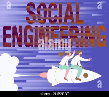 Affiche l'ingénierie sociale, Business idée manipulation psychologique gagner accès par la fraude Illustration de Happy Partners Riding sur Rocket sh Banque D'Images