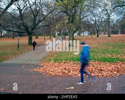 Homme en veste bleue, jogging dans un parc boisé. Avec des arbres et des feuilles brunes tombés sur le sol, avec des gens marchant. Banque D'Images