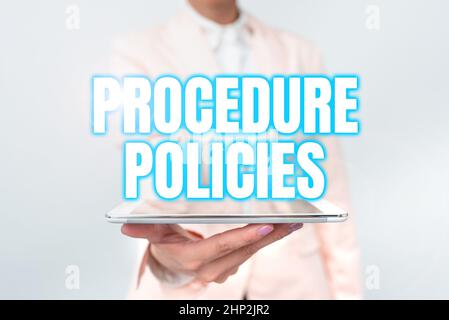 Légende conceptuelle procédures politiques, Business Showcase étapes vers les principes directeurs règles et règlements présenter les idées de nouvelles technologies discuter Banque D'Images